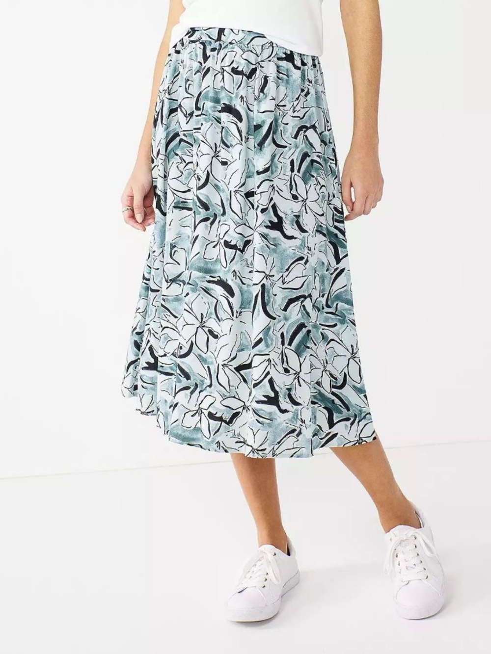 Nine West Floral A-Line Midi Skirt in Teal and White